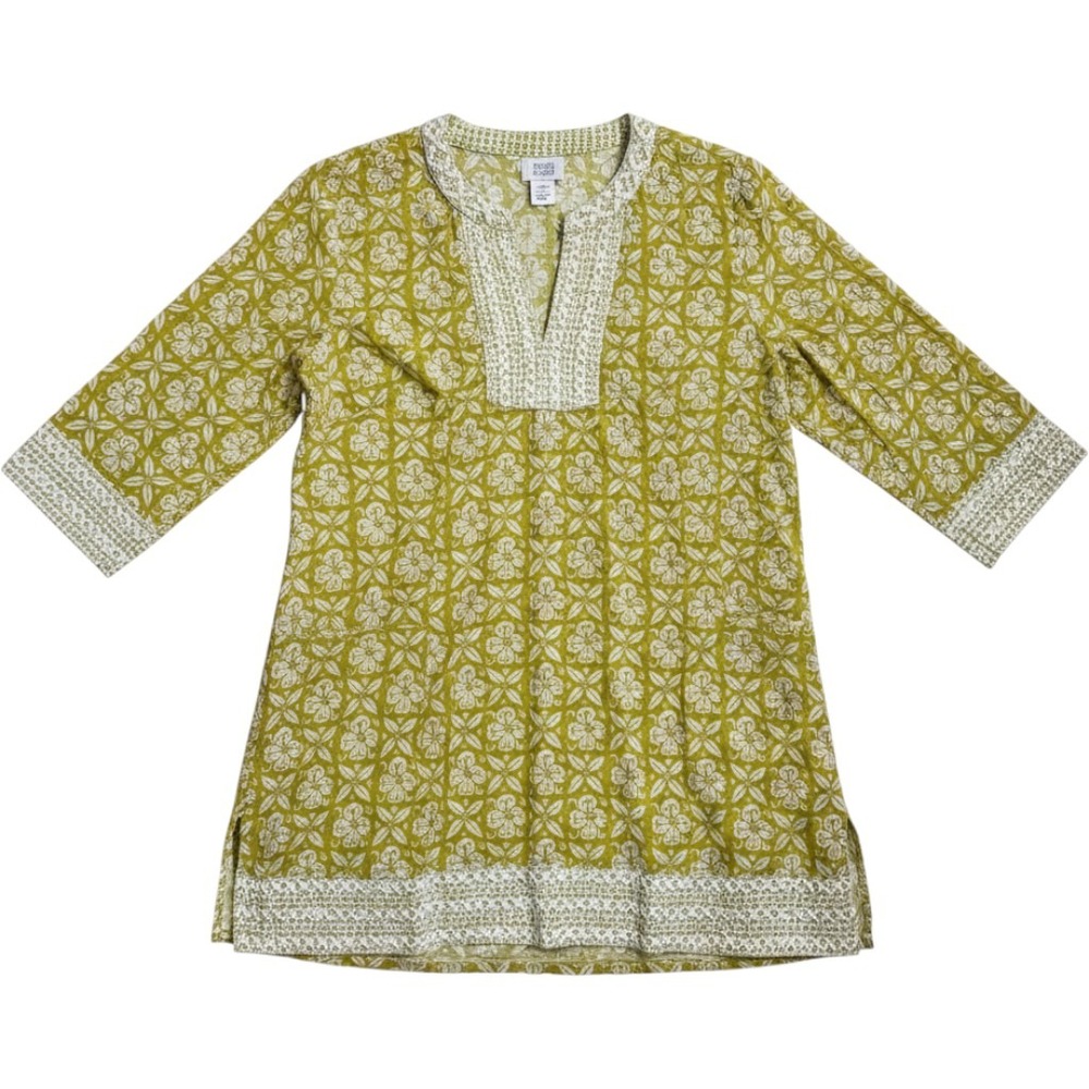 Sigrid Olsen lime green and white embroidered tunic top features 3/4 sleeves M